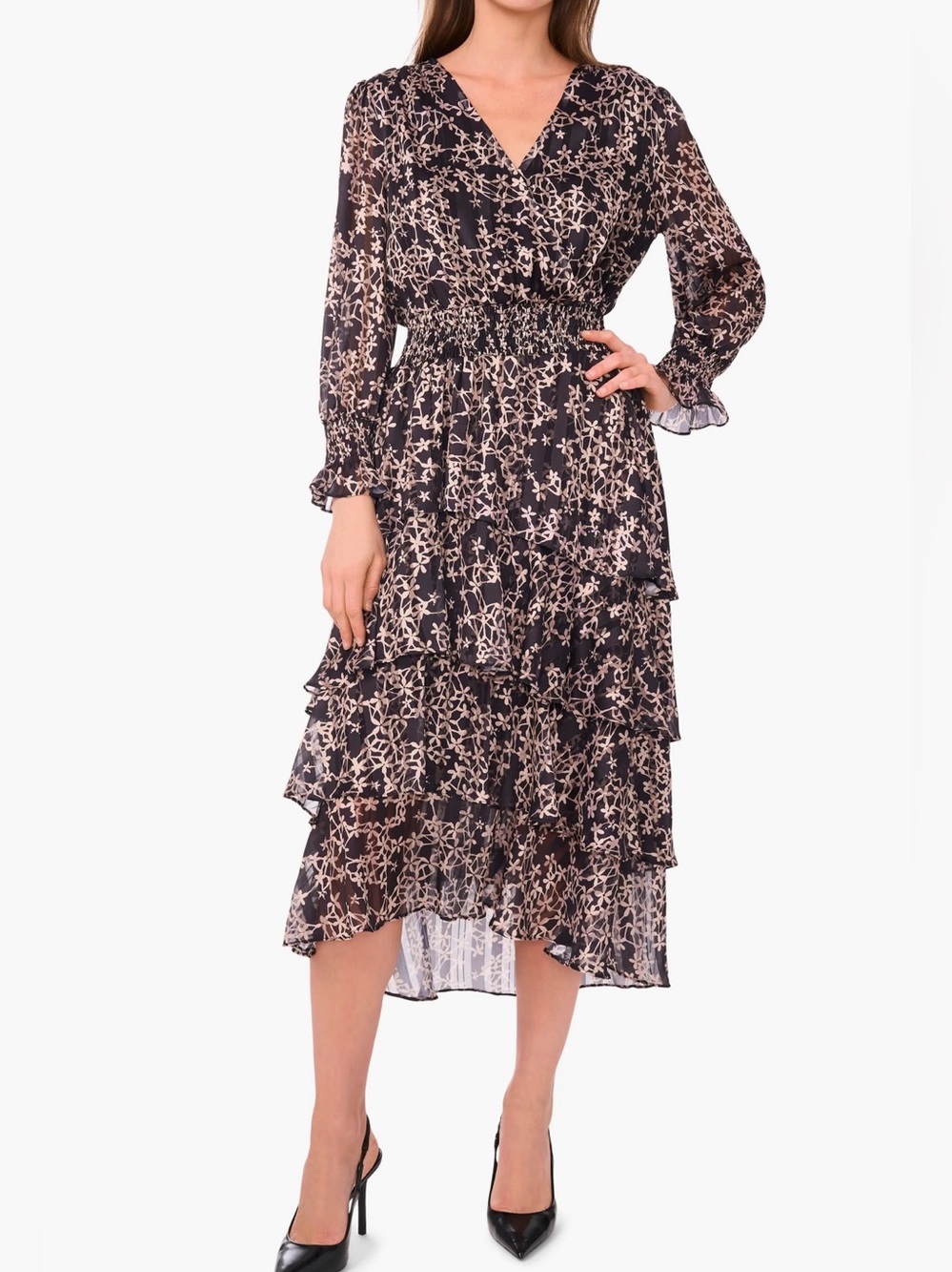 VINCE CAMUTO V-Neck Puff Sleeve Floral Tiers Midi Dress Black Cream Flowy XL